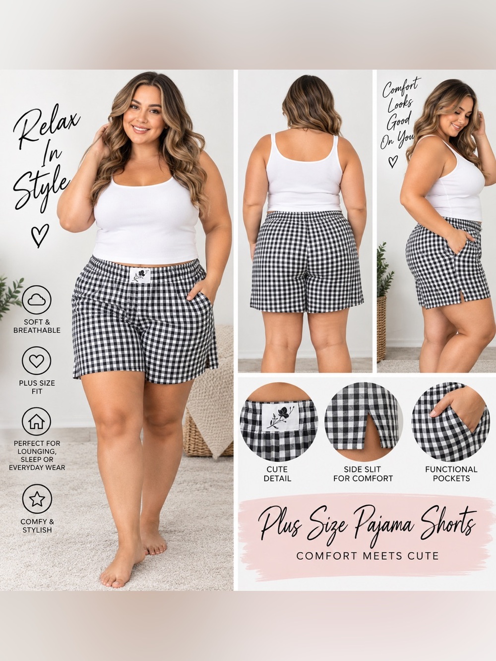 Plus Size Black & White Gingham Pajama Shorts